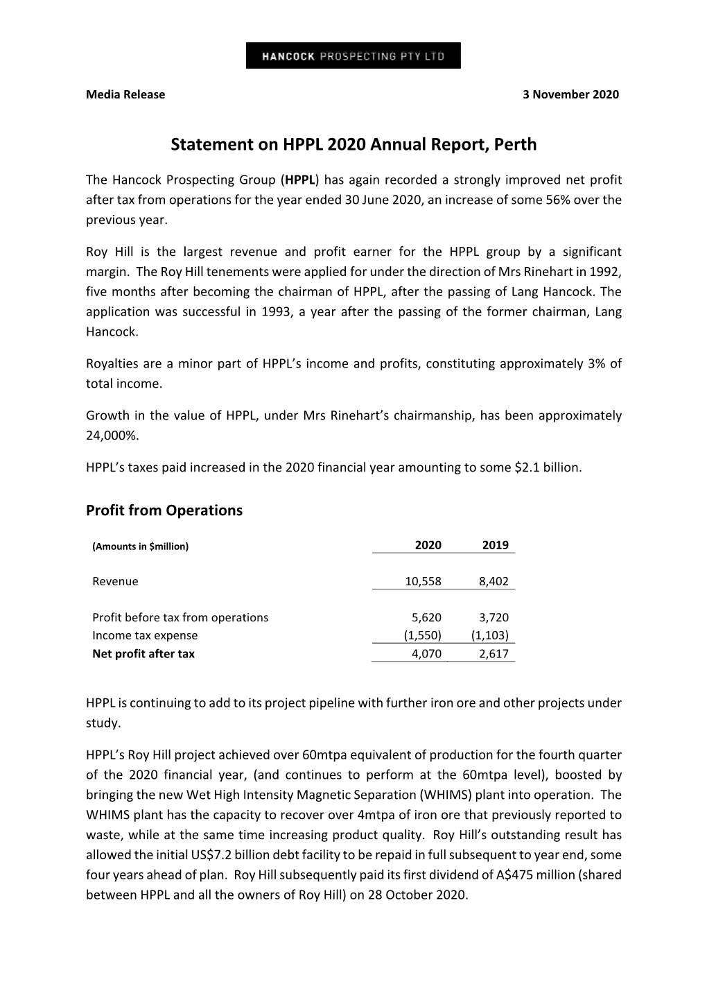 Statement on HPPL 2020 Annual Report, Perth