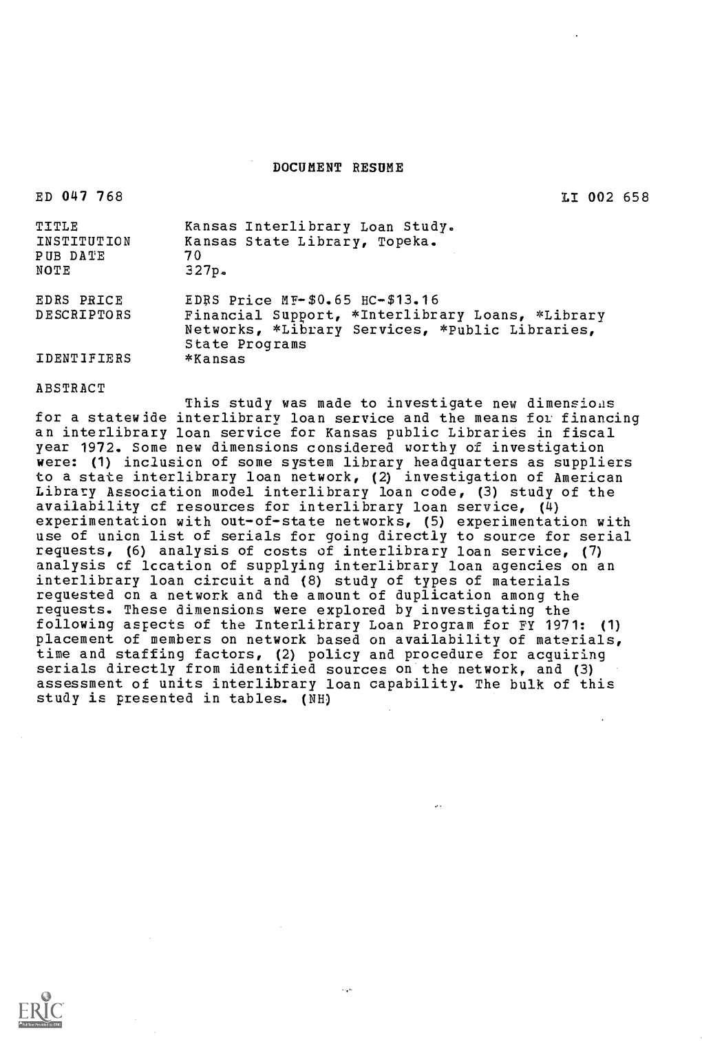 An Interlibrary Loan Service for Kansas Public Libraries in Fiscal Year 1972