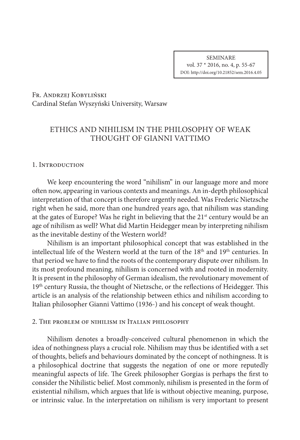 Ethics and Nihilism in the Philosophy of Weak Thought of Gianni Vattimo