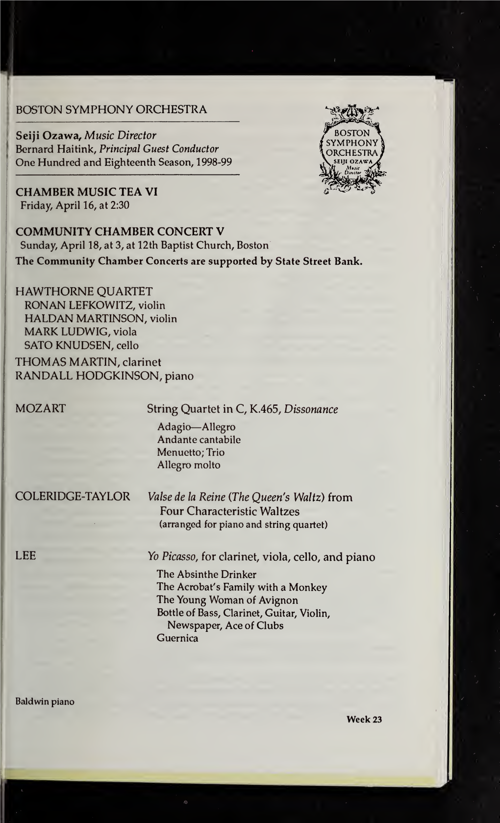 Boston Symphony Orchestra Concert Programs, Season 118, 1998-1999, Subscription, Volume 02