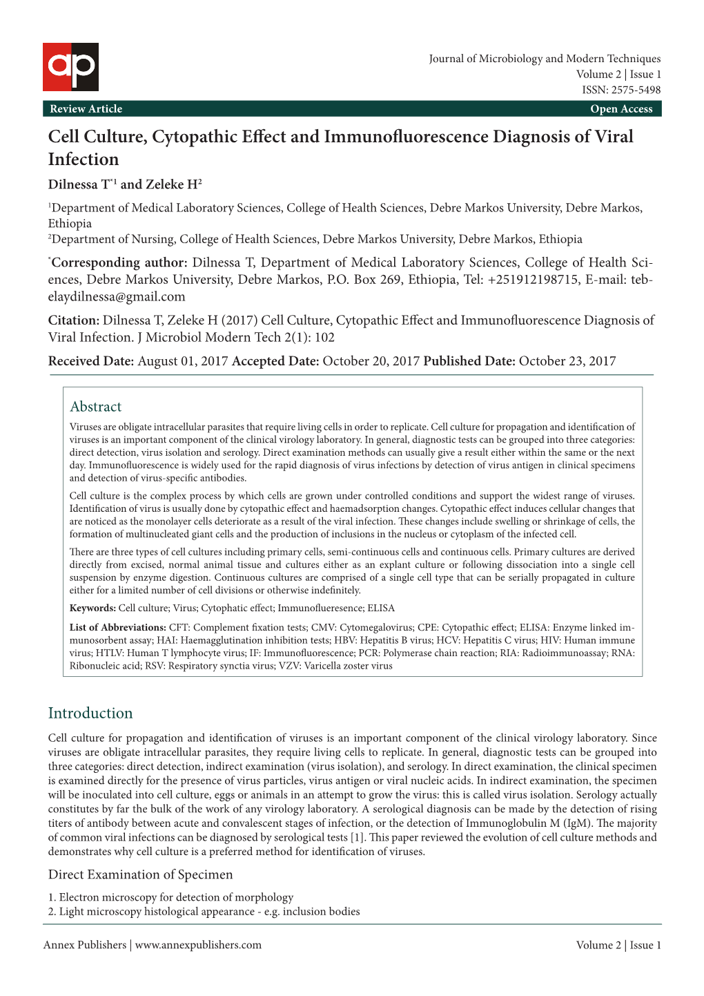 Cell Culture, Cytopathic Effect and Immunofluorescence Diagnosis of Viral Infection