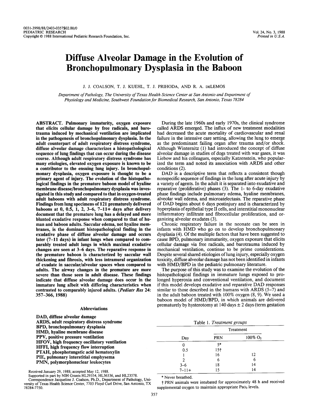 Diffuse Alveolar Damage in the Evolution of Bronchopulmonary Dysplasia in the Baboon
