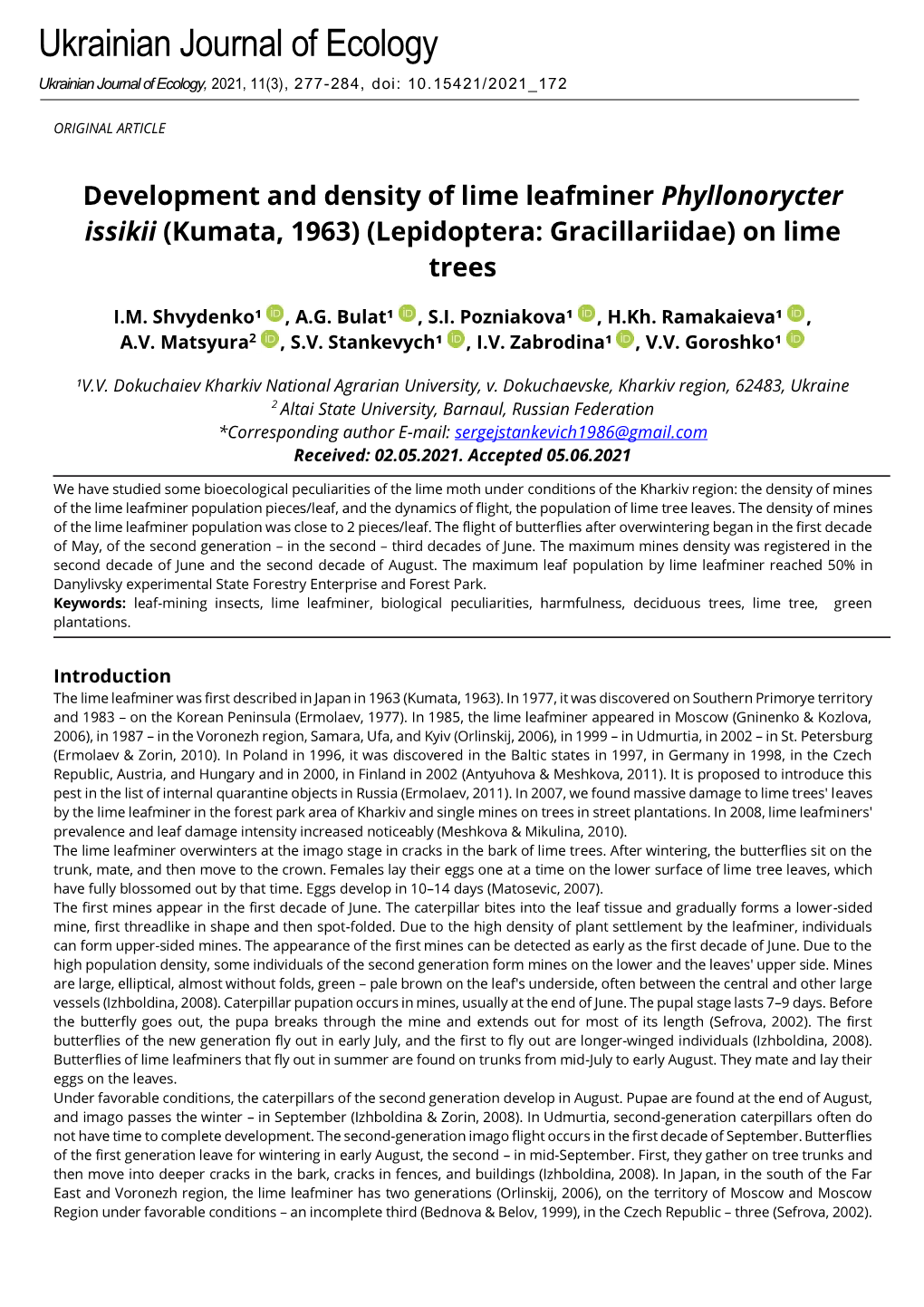 Development and Density of Lime Leafminer Phyllonorycter Issikii (Kumata, 1963) (Lepidoptera: Gracillariidae) on Lime Trees