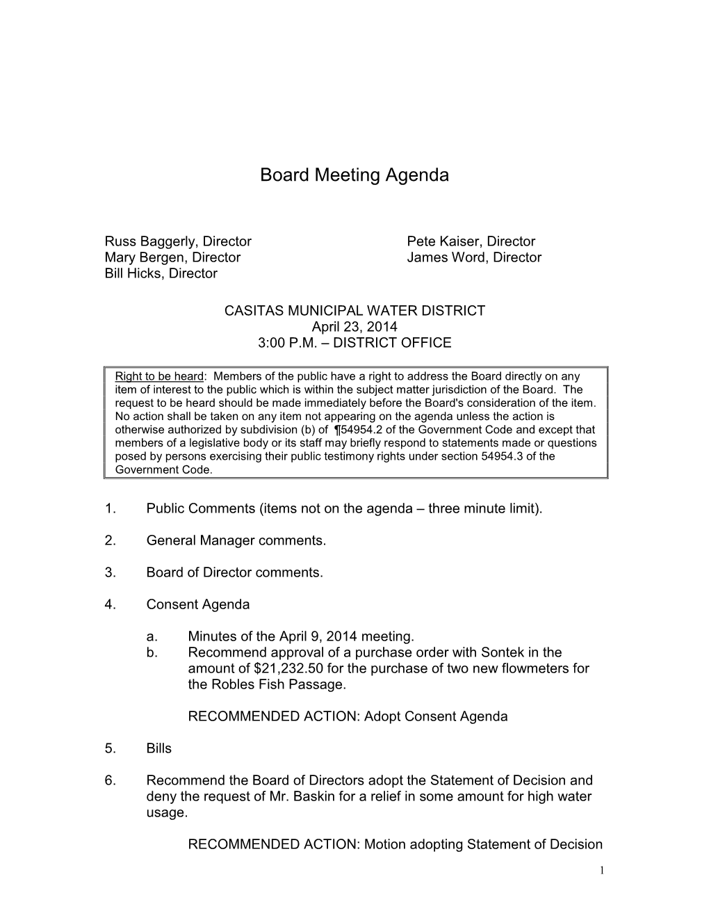 Board Meeting Agenda