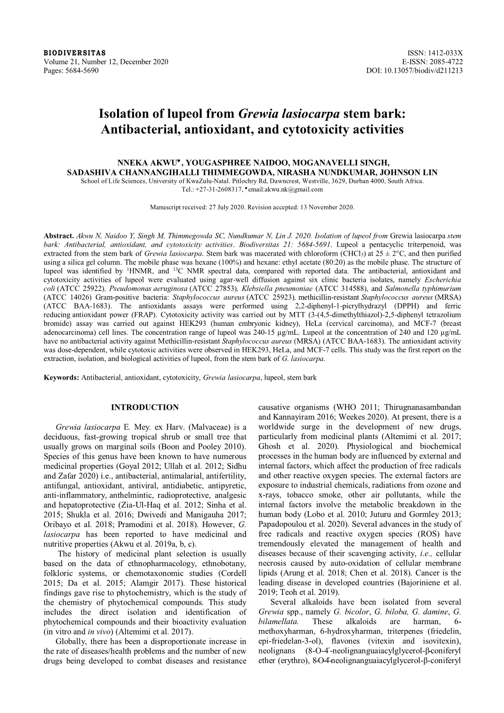 Isolation of Lupeol from Grewia Lasiocarpa Stem Bark: Antibacterial, Antioxidant, and Cytotoxicity Activities