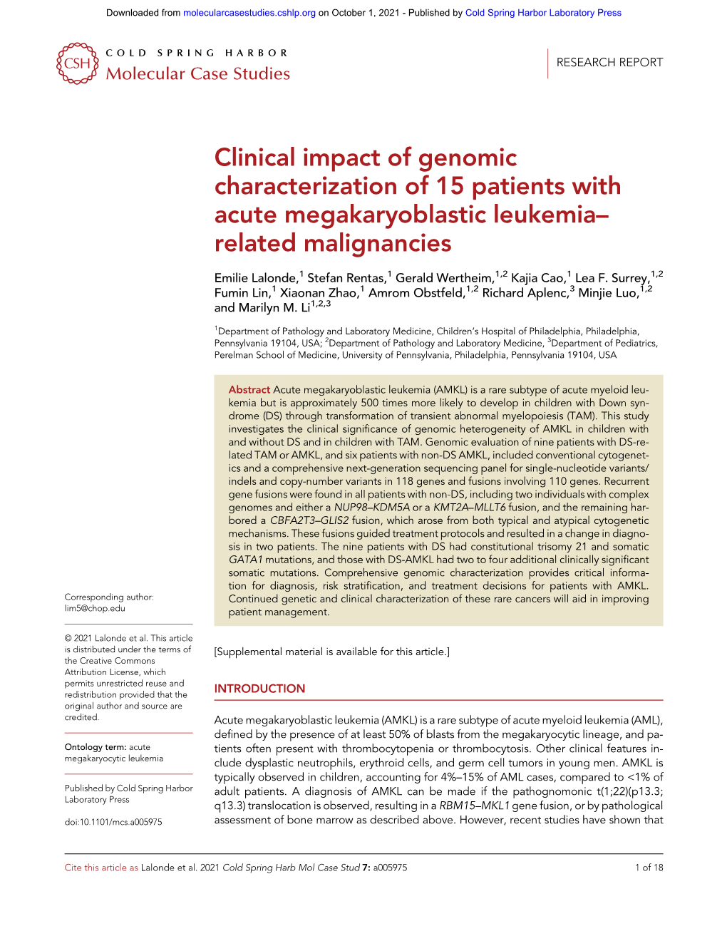 Clinical Impact of Genomic Characterization of 15 Patients with Acute Megakaryoblastic Leukemia– Related Malignancies