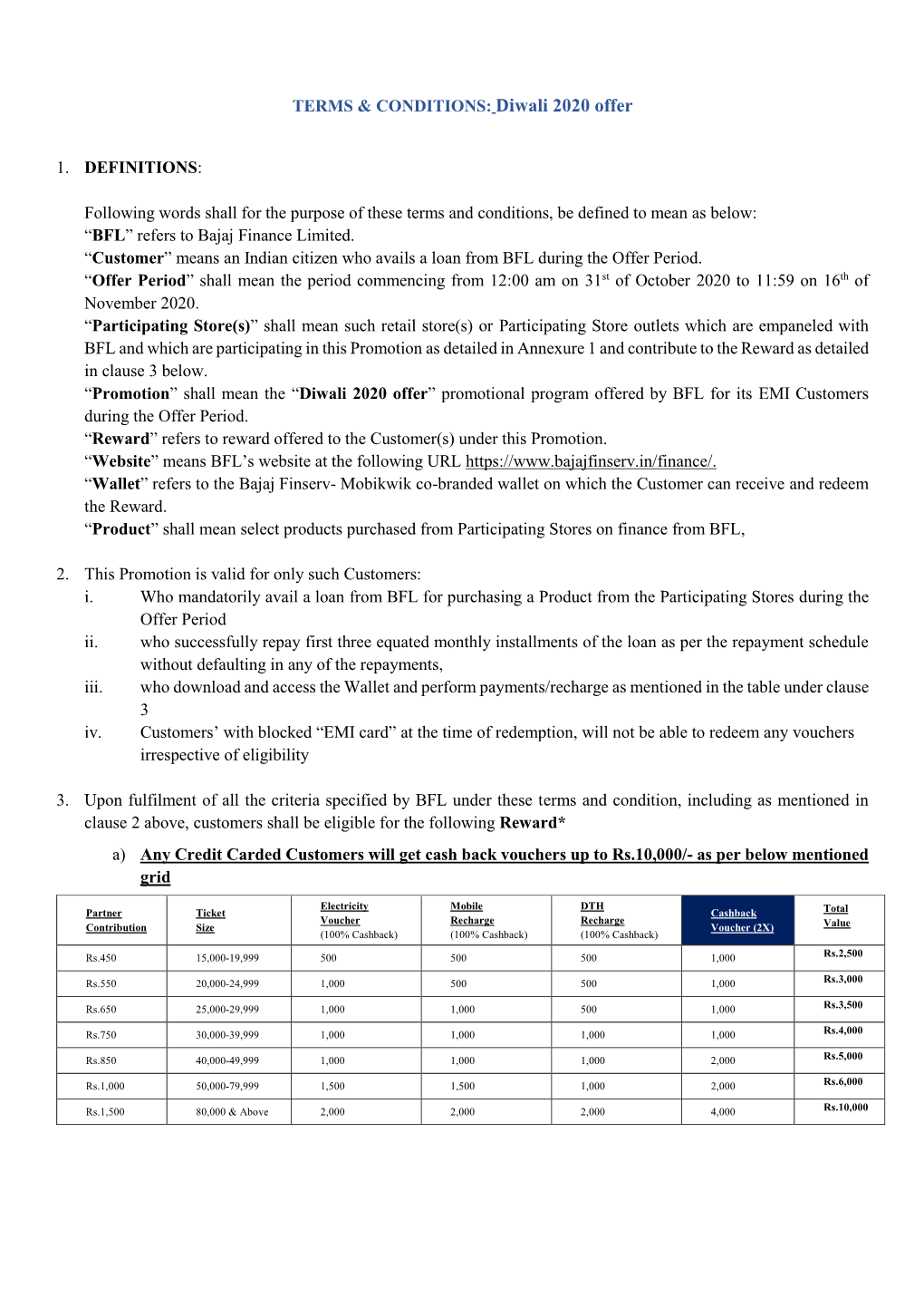 TERMS & CONDITIONS: Diwali 2020 Offer 1. DEFINITIONS