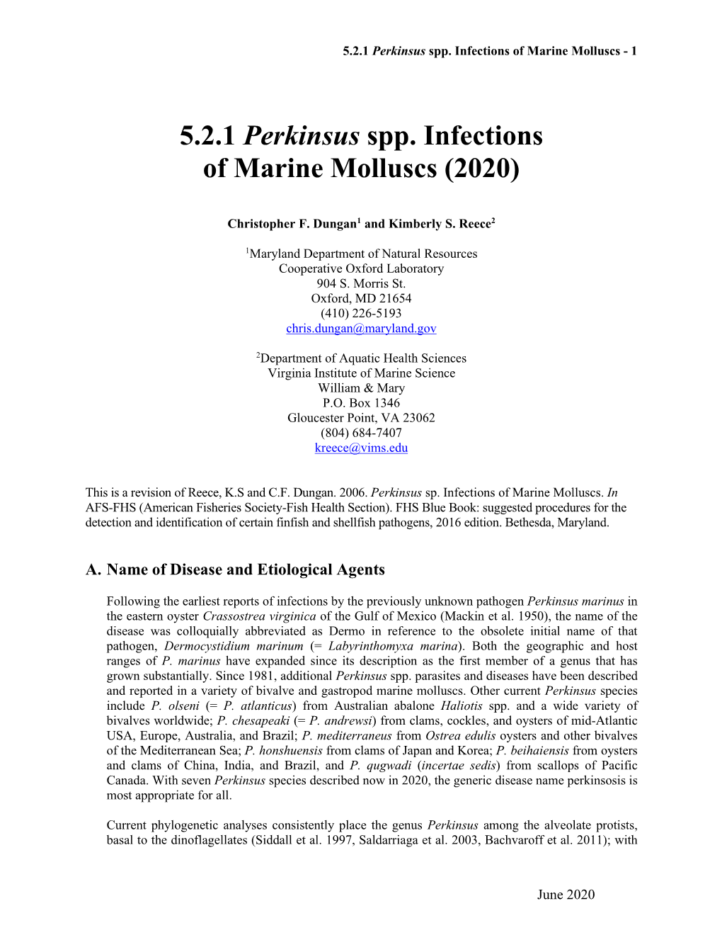 5.2.1 Perkinsus Spp. Infections of Marine Molluscs (2020)