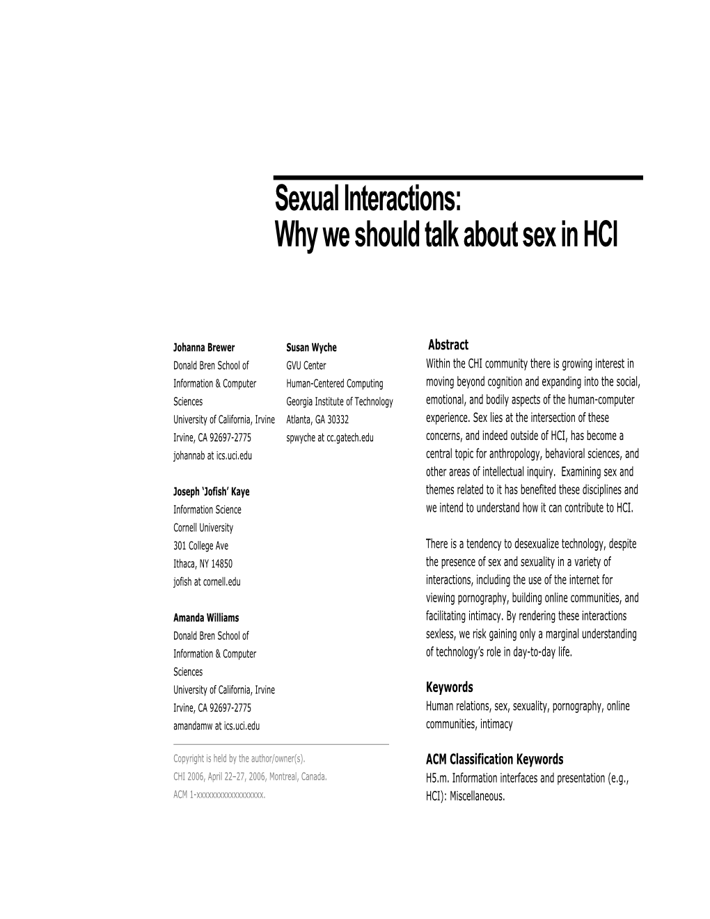 Sexual Interactions: Why We Should Talk About Sex in HCI