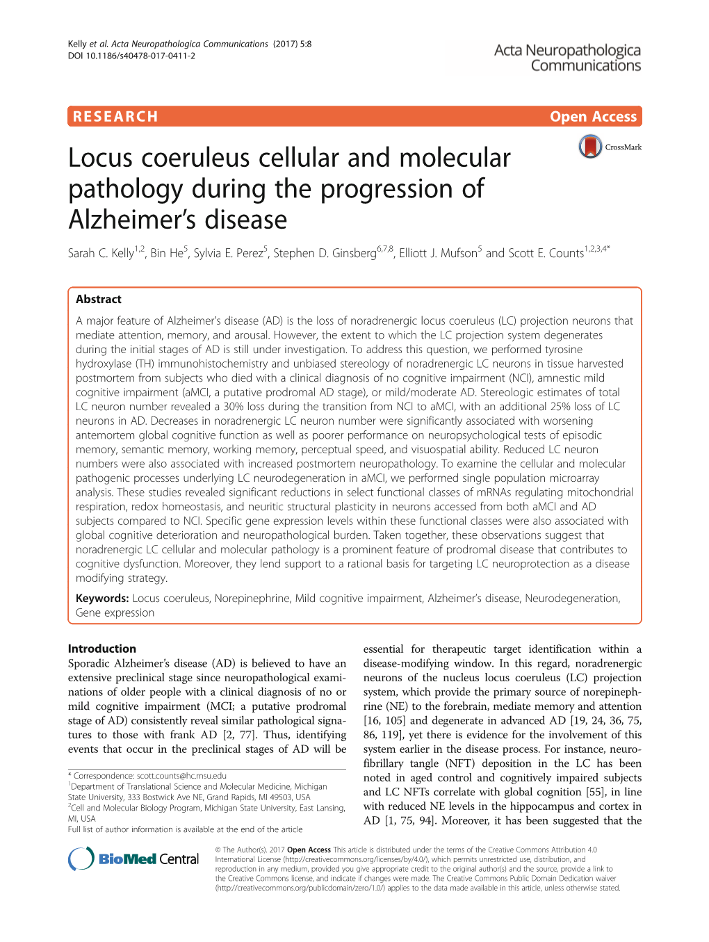 Locus Coeruleus Cellular and Molecular Pathology During the Progression of Alzheimer’S Disease Sarah C