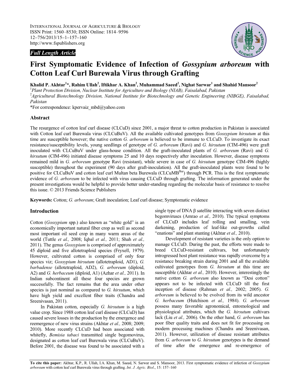 First Symptomatic Evidence of Infection of Gossypium Arboreum with Cotton Leaf Curl Disease Through Grafting