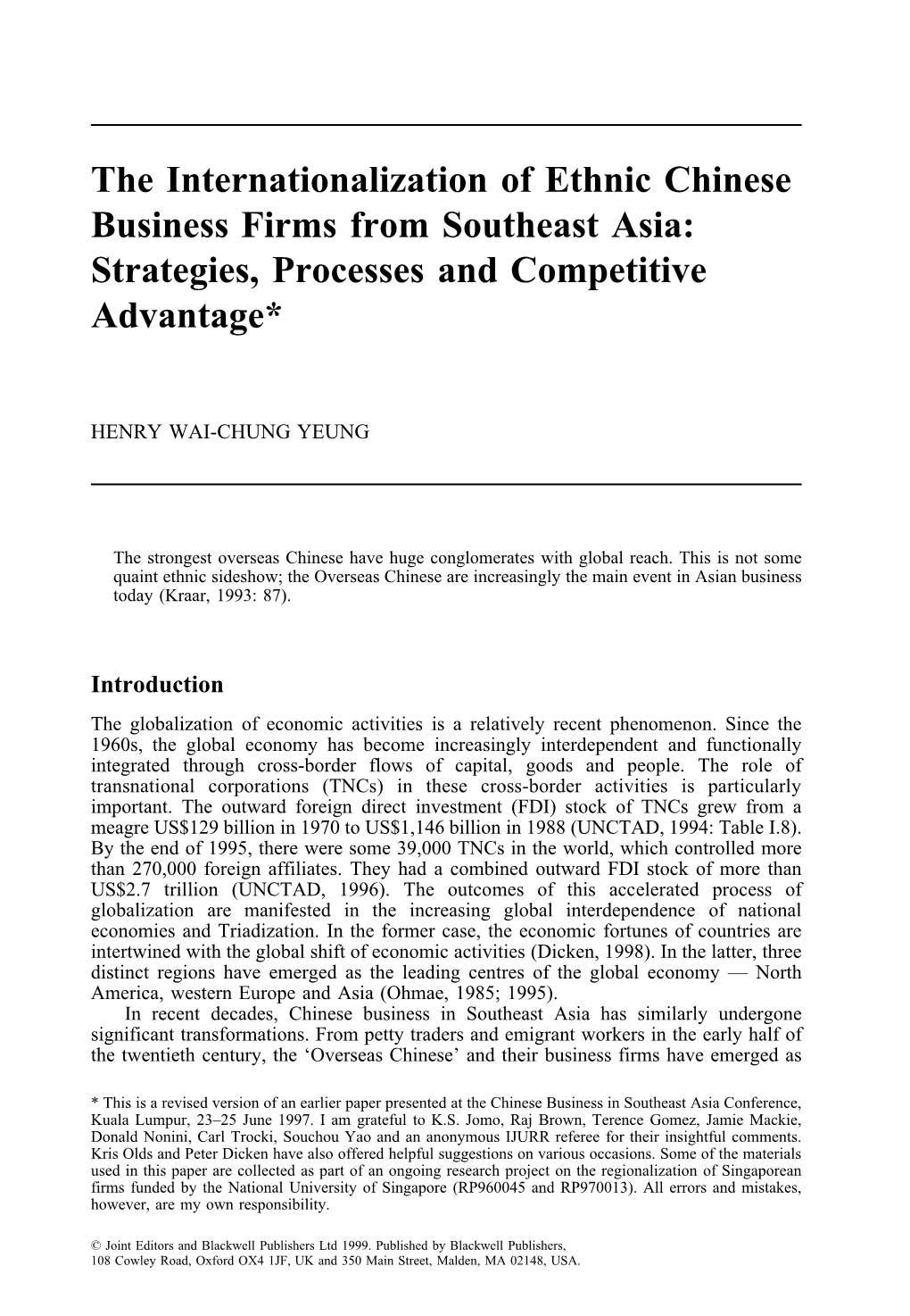 The Internationalization of Ethnic Chinese Business Firms from Southeast Asia: Strategies, Processes and Competitive Advantage*