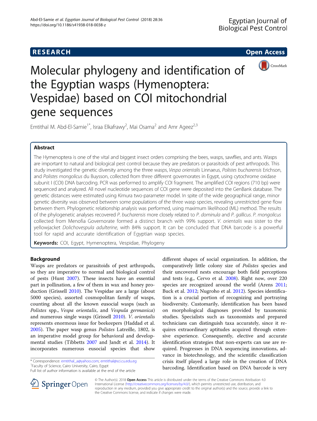 (Hymenoptera: Vespidae) Based on COI Mitochondrial Gene Sequences Emtithal M