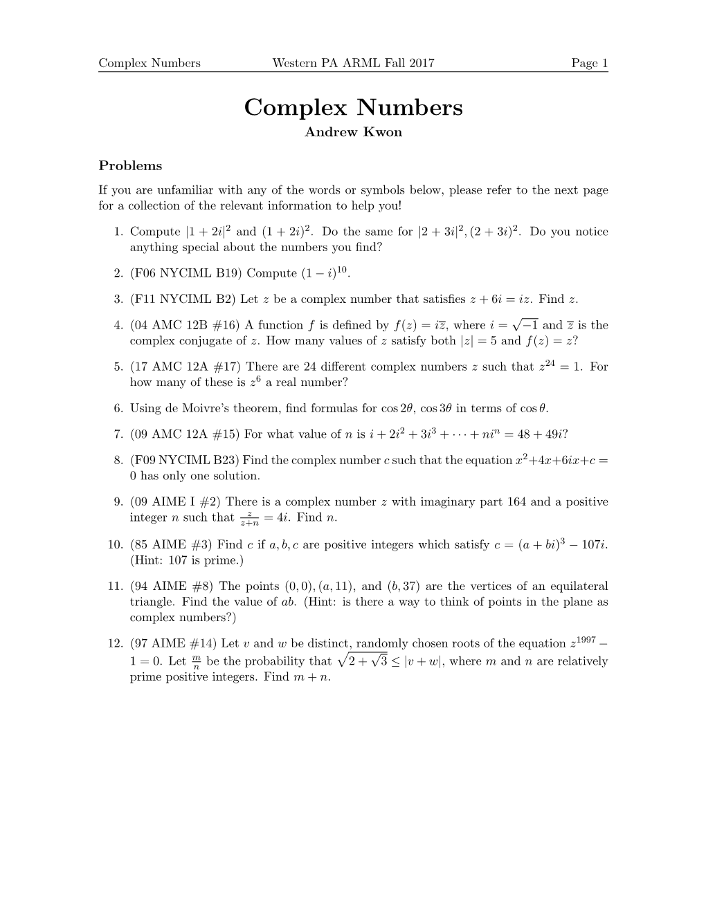 Complex Numbers Western PA ARML Fall 2017 Page 1