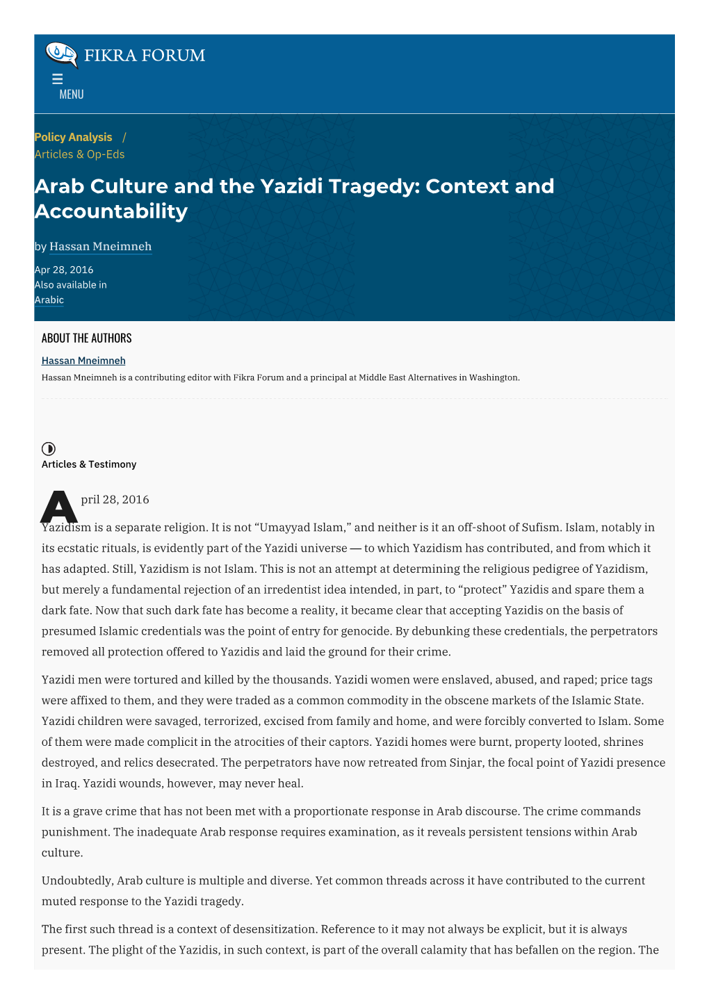 Arab Culture and the Yazidi Tragedy: Context and Accountability by Hassan Mneimneh