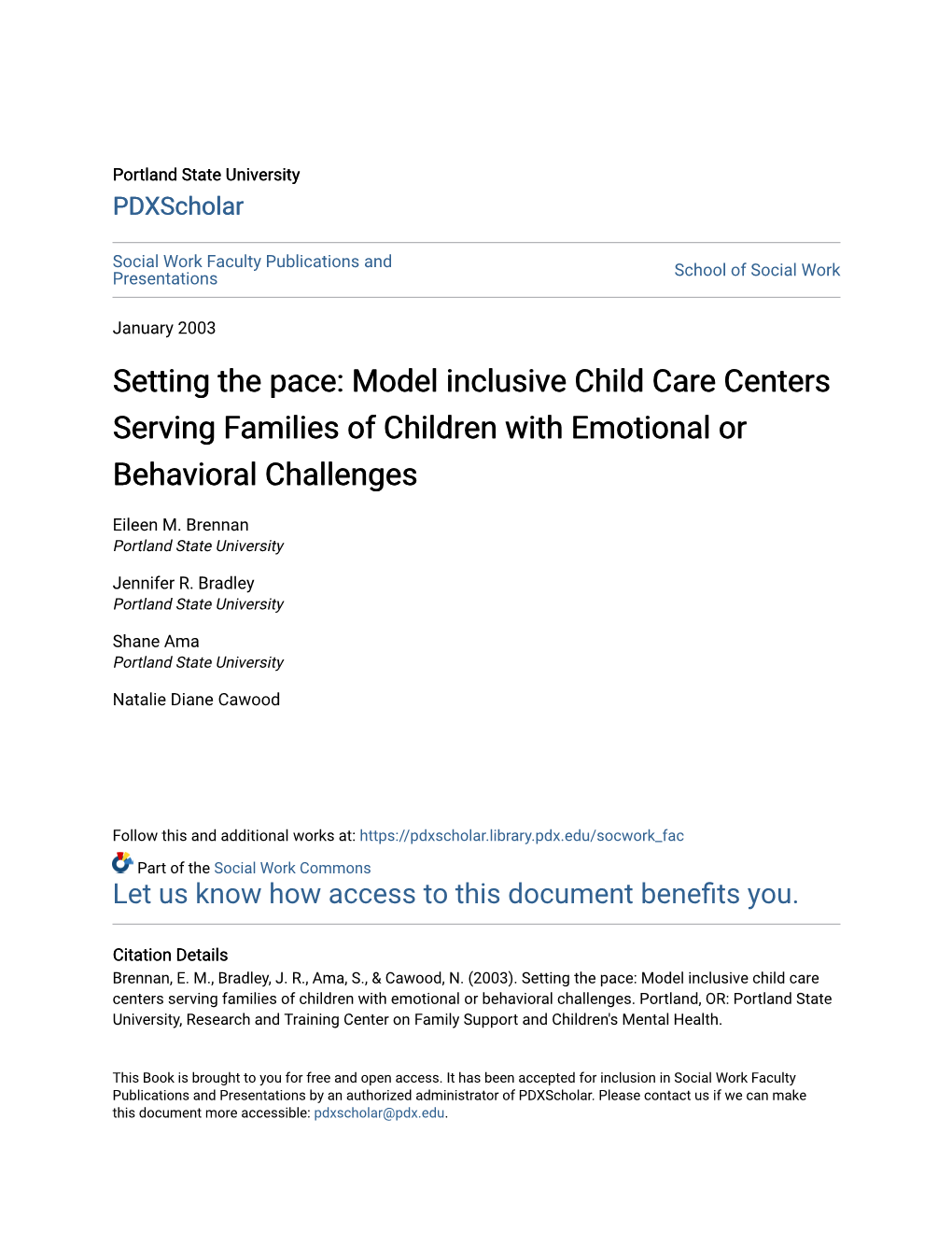 Model Inclusive Child Care Centers Serving Families of Children with Emotional Or Behavioral Challenges