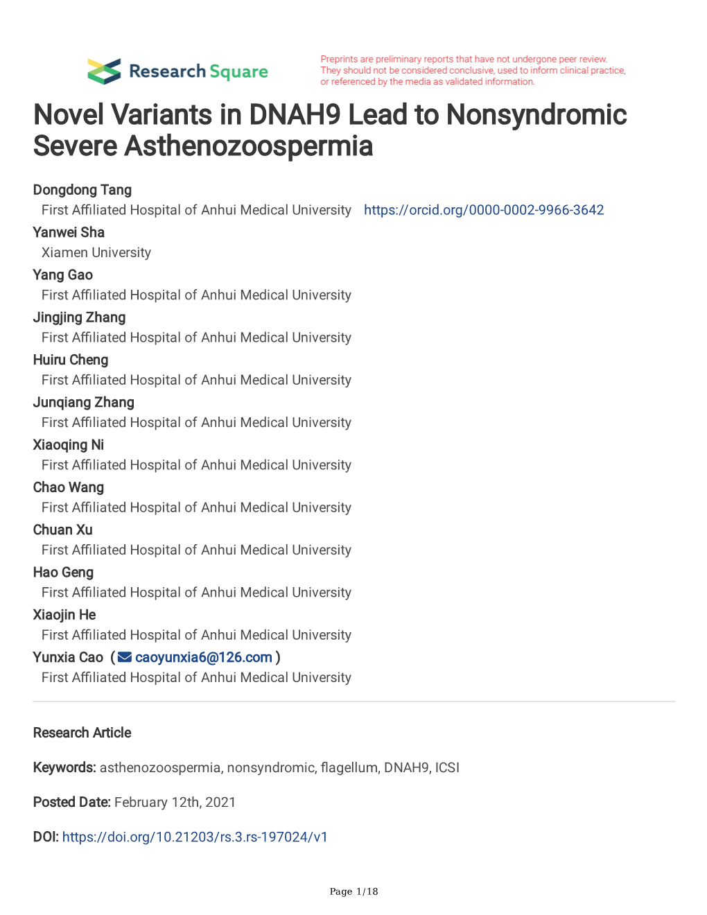 Novel Variants in DNAH9 Lead to Nonsyndromic Severe Asthenozoospermia