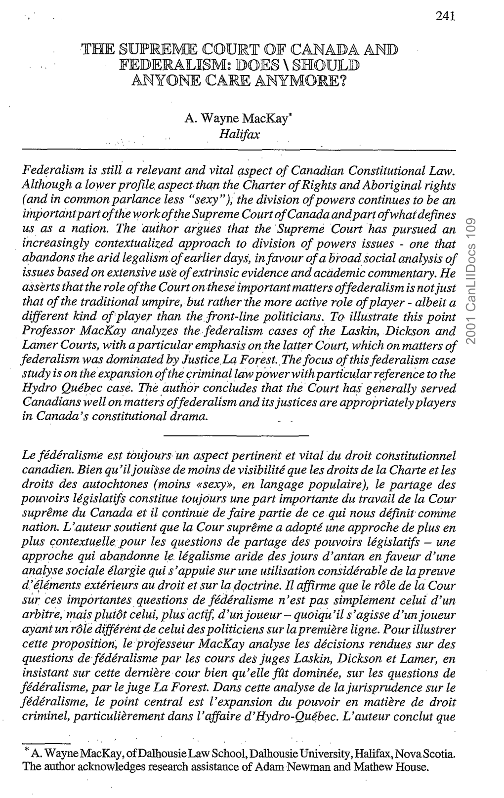 The Supreme Court of Canada and Federalism 249