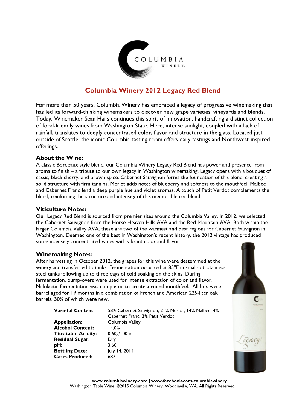 Columbia Winery 2012 Legacy Red Blend