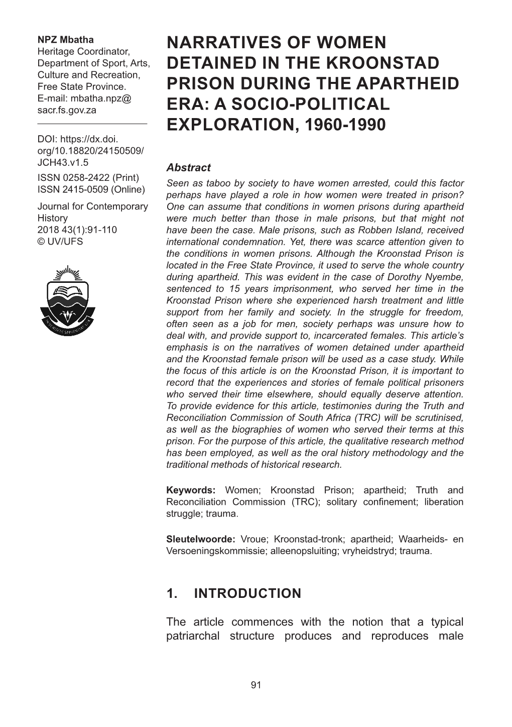 Narratives of Women Detained in the Kroonstad Prison During