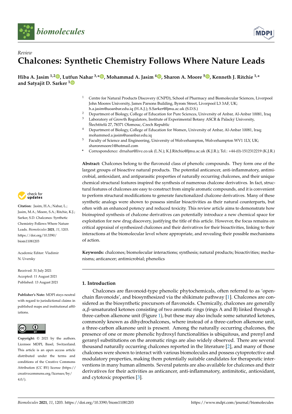 Chalcones: Synthetic Chemistry Follows Where Nature Leads