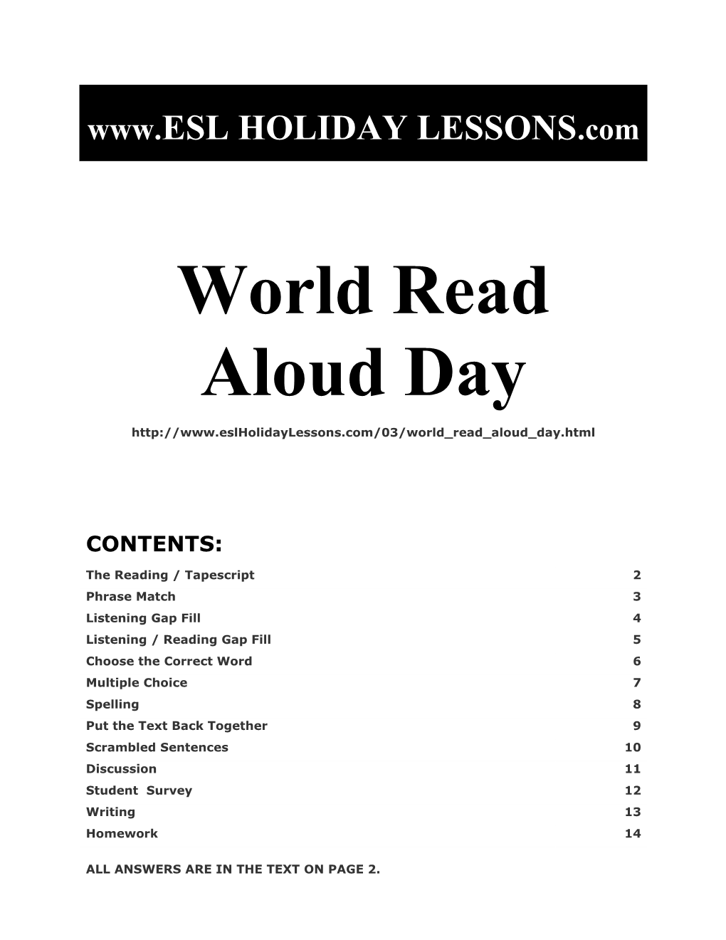 Holiday Lessons - World Read Aloud Day