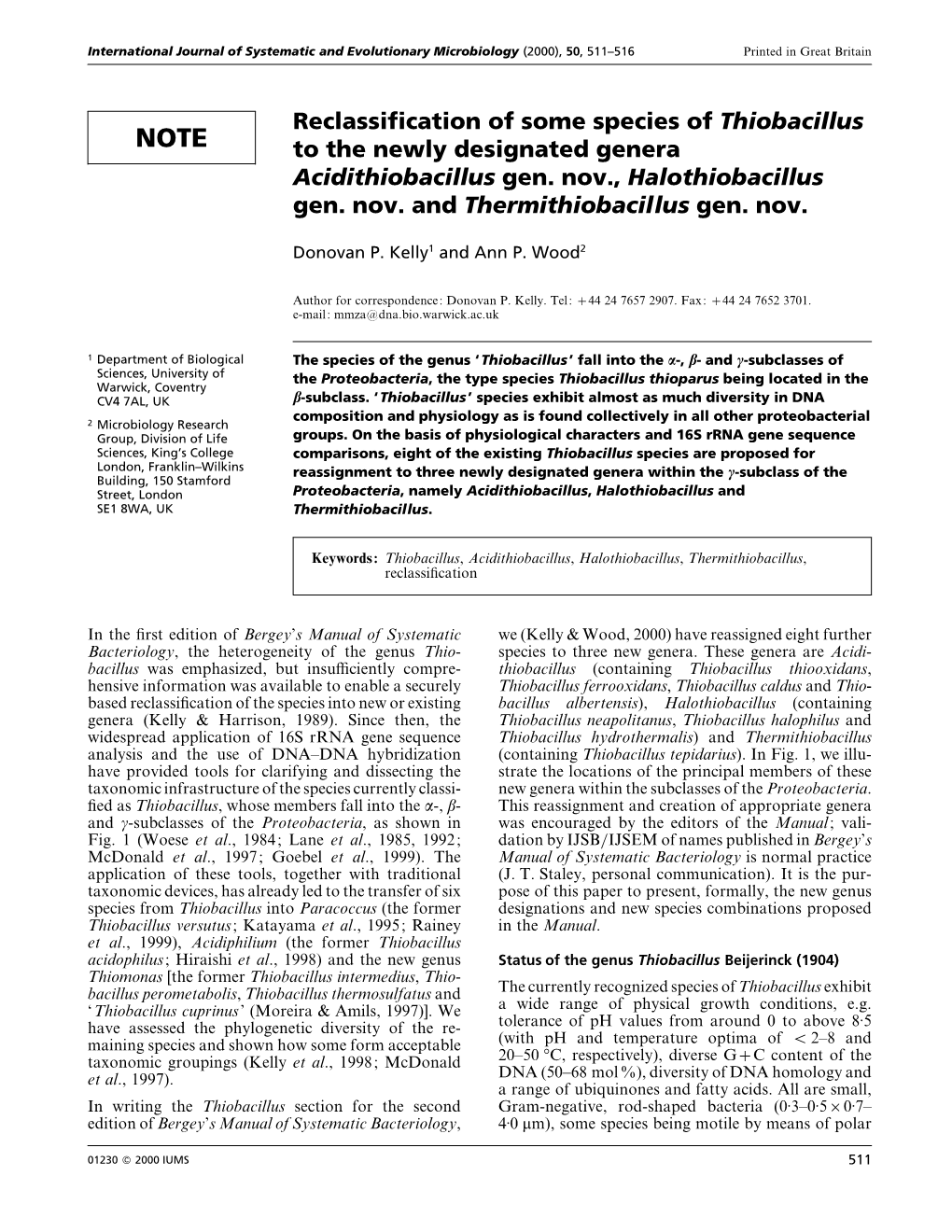 Reclassification of Some Species of Thiobacillus to the Newly