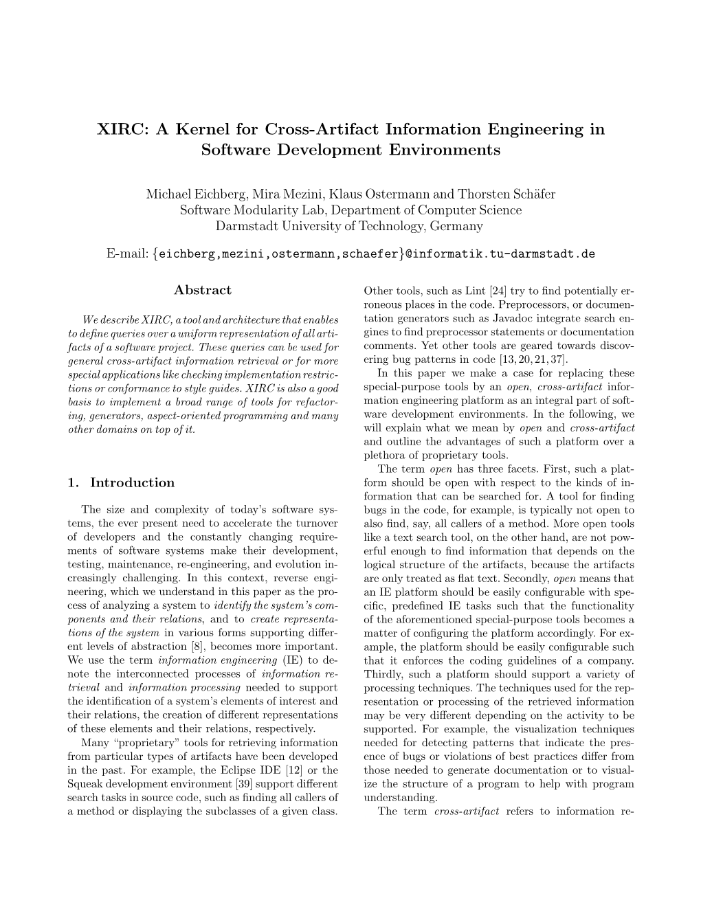 XIRC: a Kernel for Cross-Artifact Information Engineering in Software Development Environments