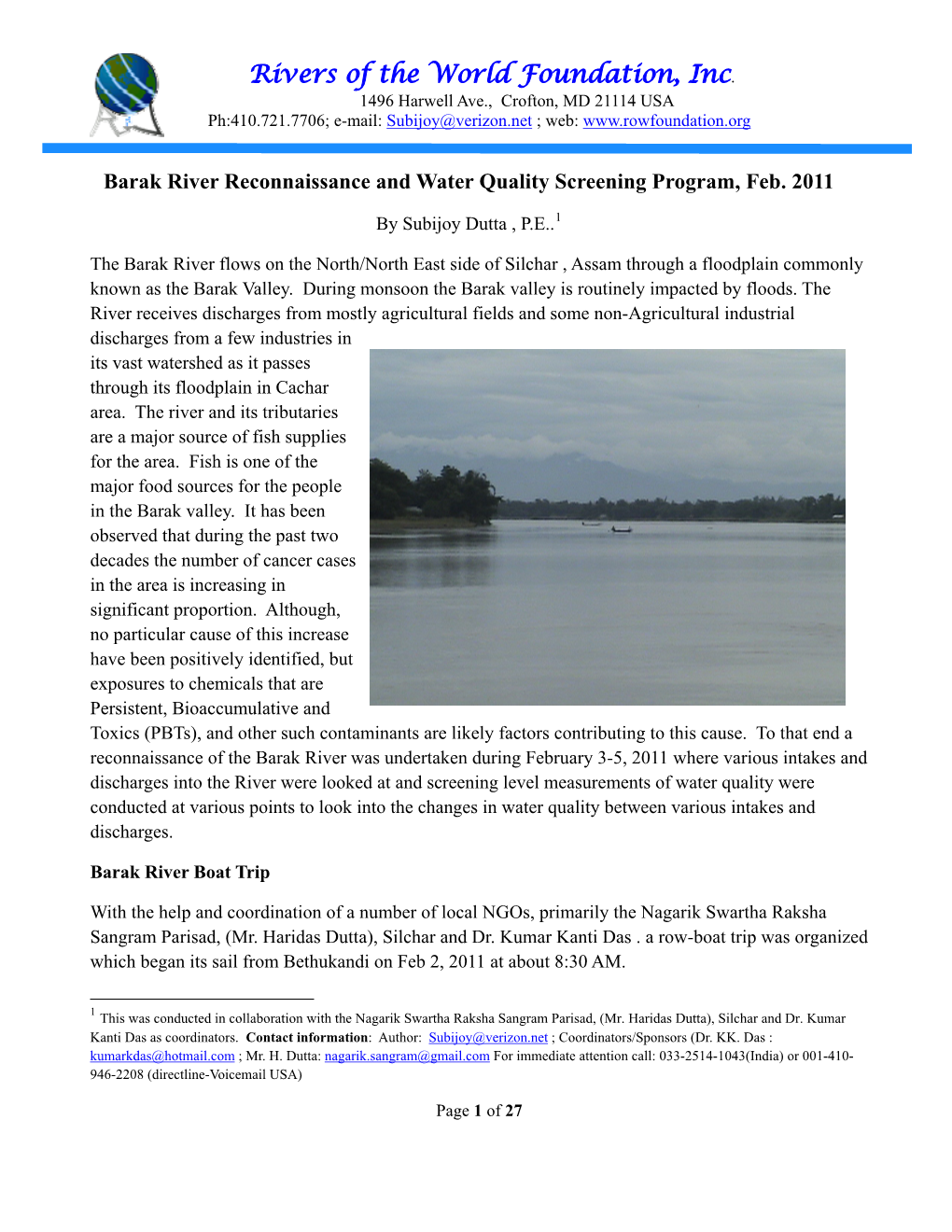 Barak River Reconnaissance and Water Quality Screening Program, Feb