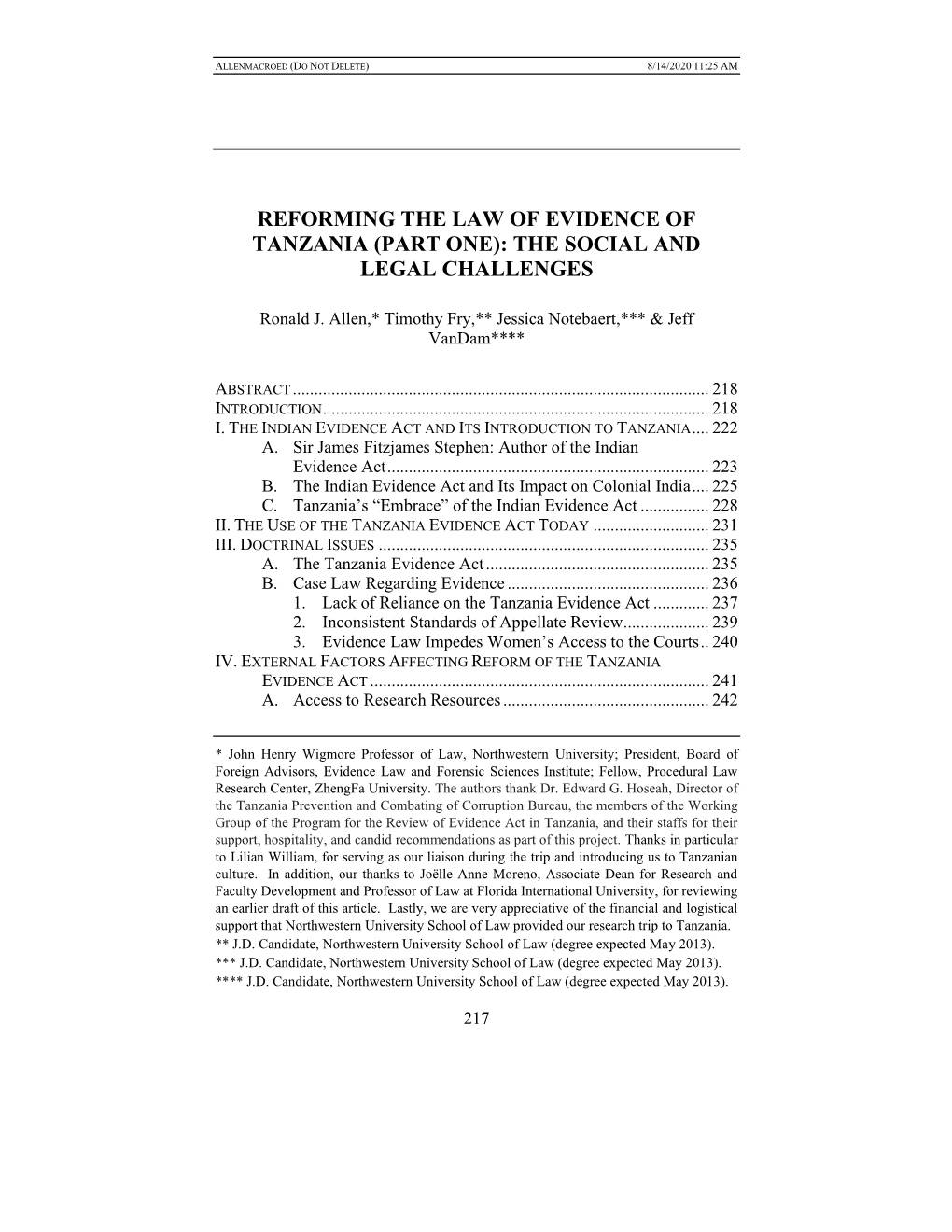 Reforming the Law of Evidence of Tanzania (Part One): the Social and Legal Challenges