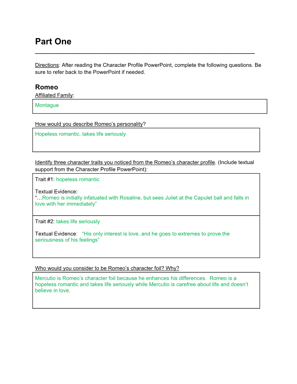 Romeo and Juliet - Character Foil Analysis Part One ______