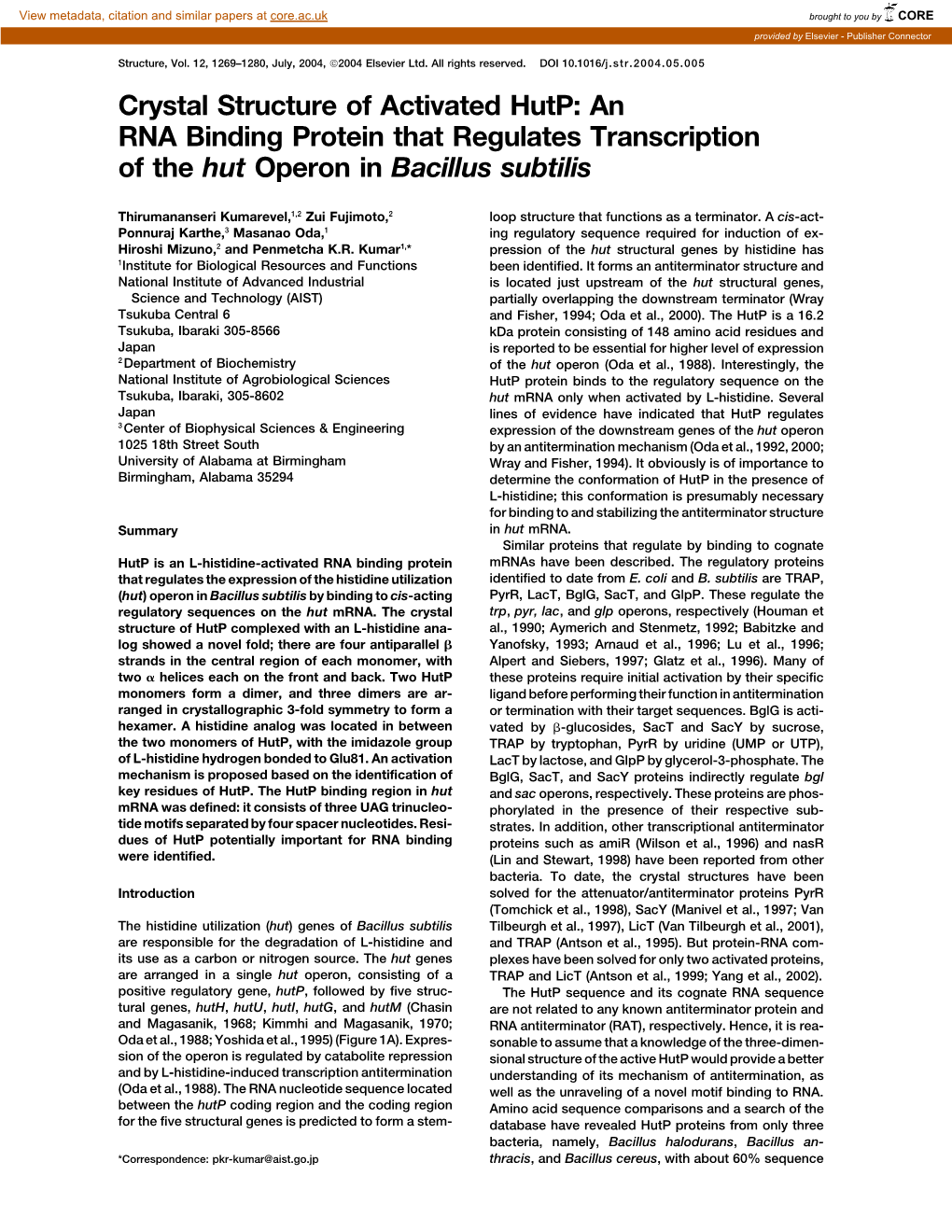 Crystal Structure of Activated Hutp: an RNA Binding Protein That Regulates Transcription of the Hut Operon in Bacillus Subtilis