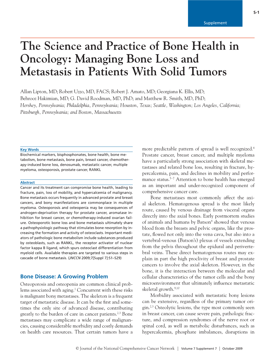 The Science and Practice of Bone Health in Oncology: Managing Bone Loss and Metastasis in Patients with Solid Tumors