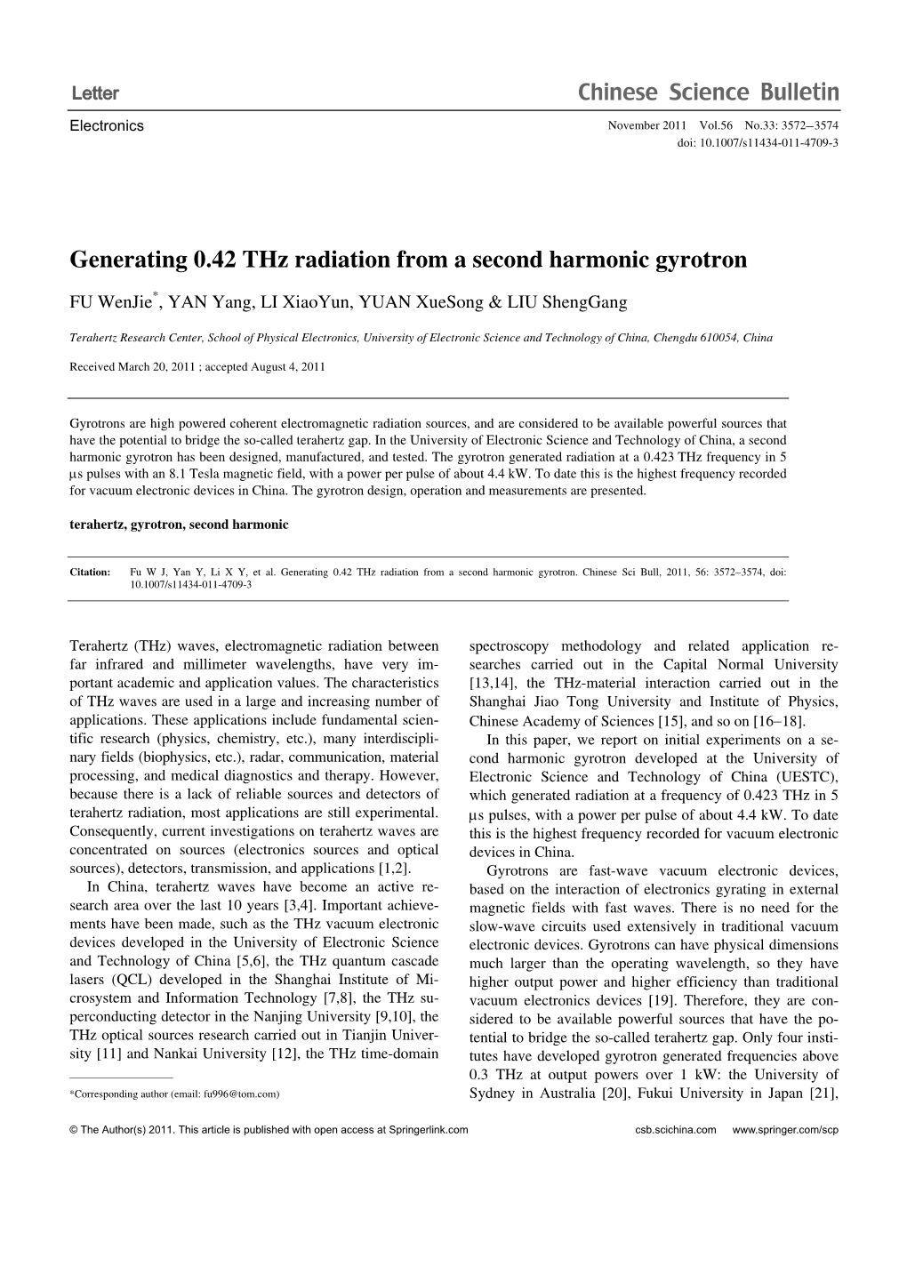 Generating 0.42 Thz Radiation from a Second Harmonic Gyrotron