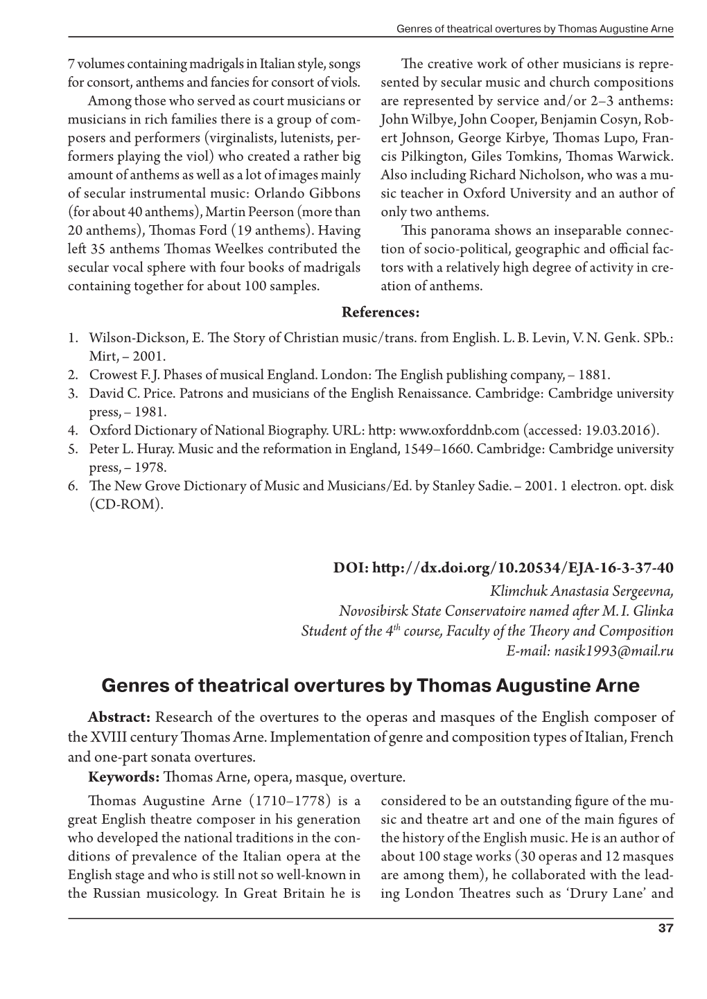 Genres of Theatrical Overtures by Thomas Augustine Arne