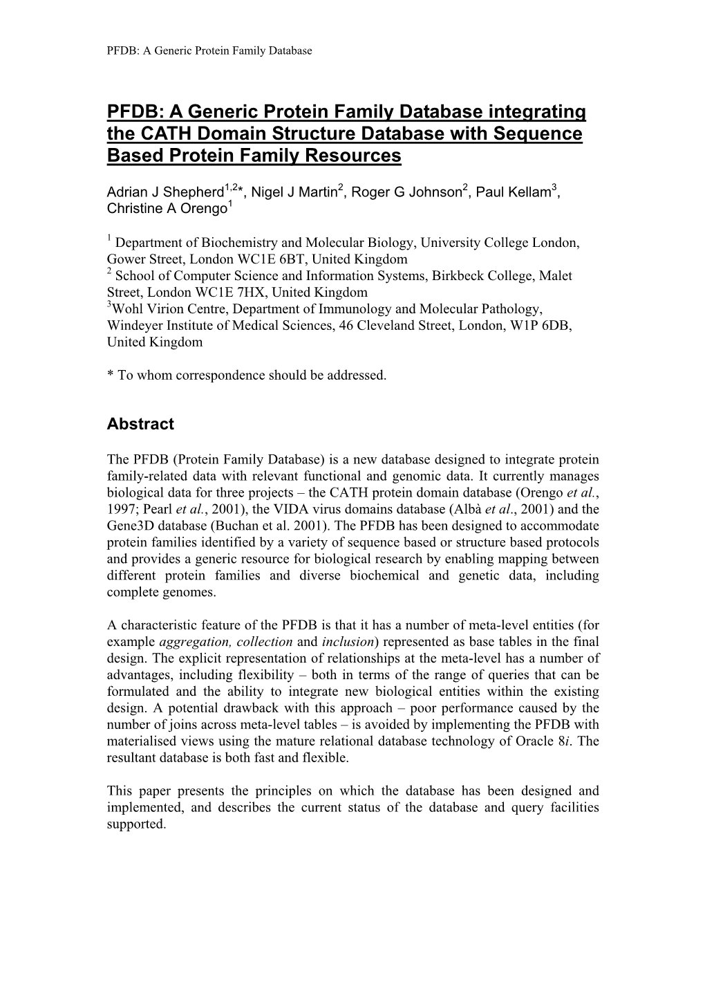 PFDB: CATH, VIDA and the Protein Family Database