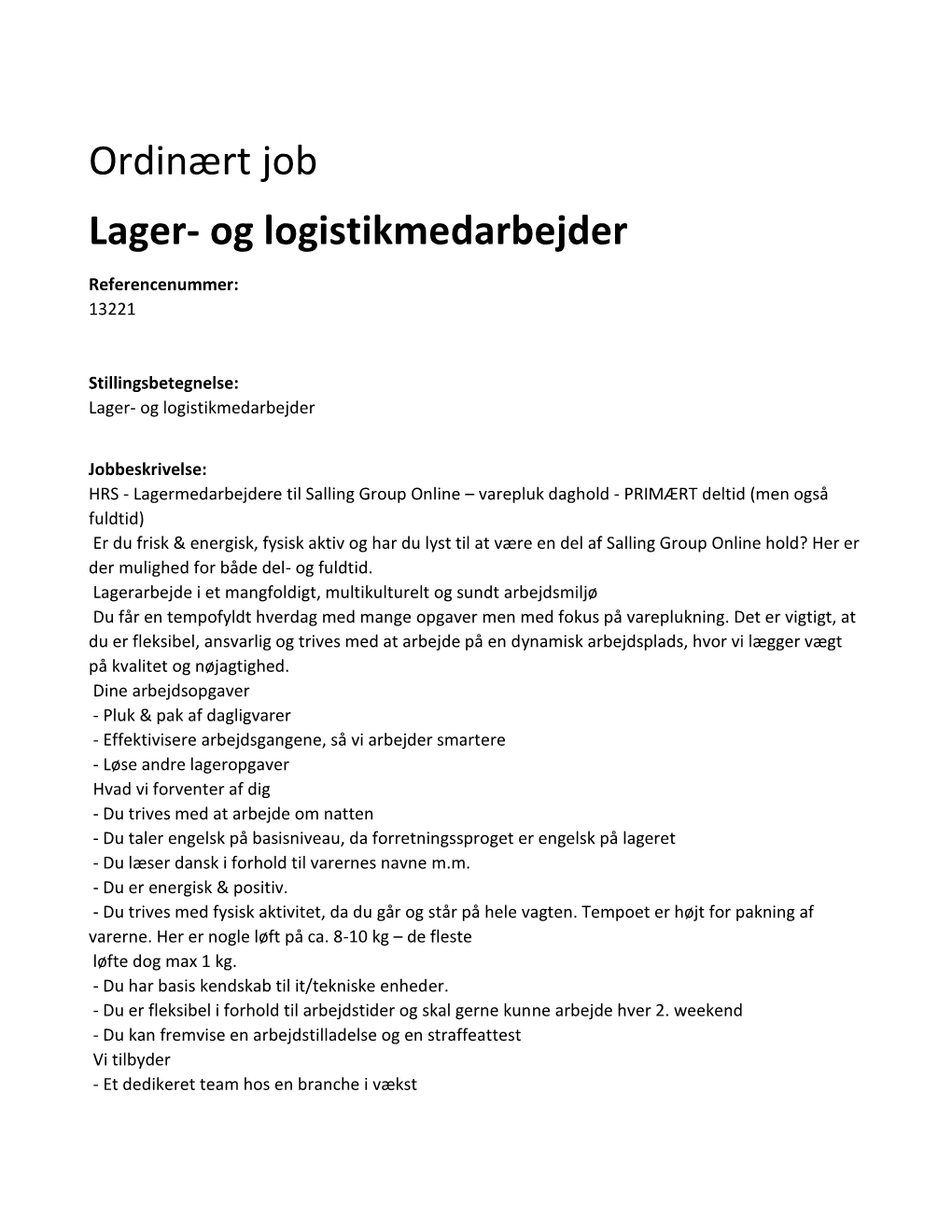 Ordinært Job Lager- Og Logistikmedarbejder