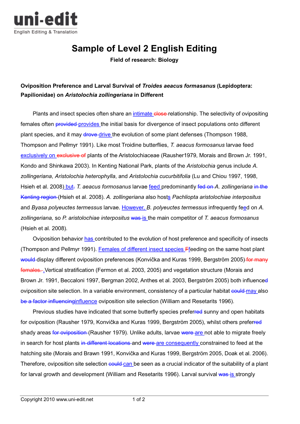 Sample of Level 2 English Editing Field of Research: Biology