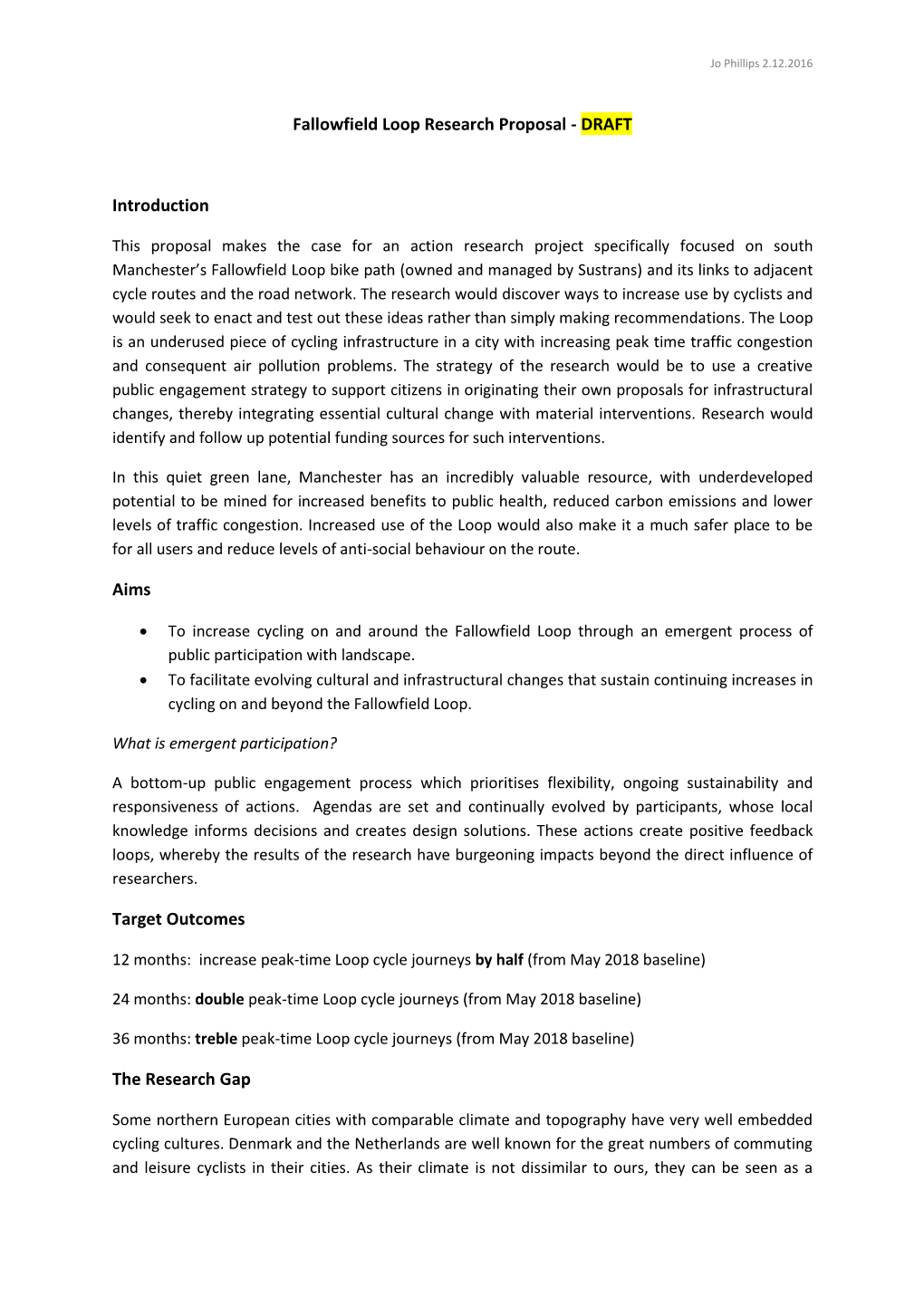 Fallowfield Loop Research Proposal - DRAFT