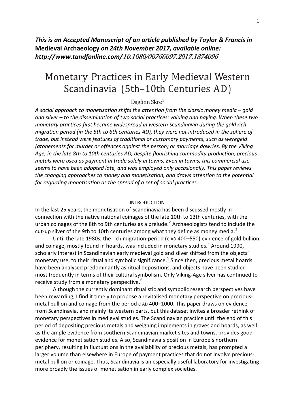 Monetary Practices in Early Medieval Western Scandinavia (5Th–10Th Centuries AD)
