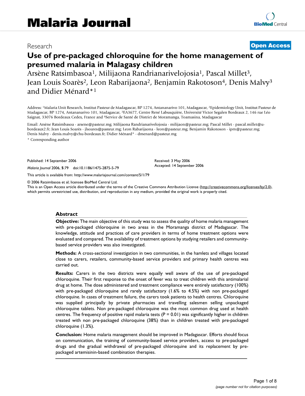 Use of Pre-Packaged Chloroquine for the Home Management Of