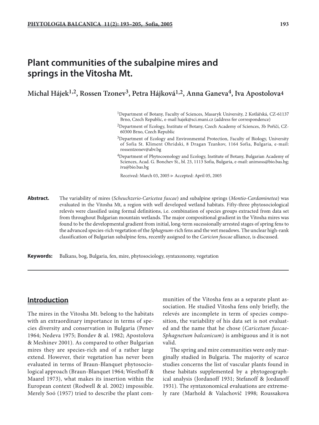 Plant Communities of the Subalpine Mires and Springs in the Vitosha Mt