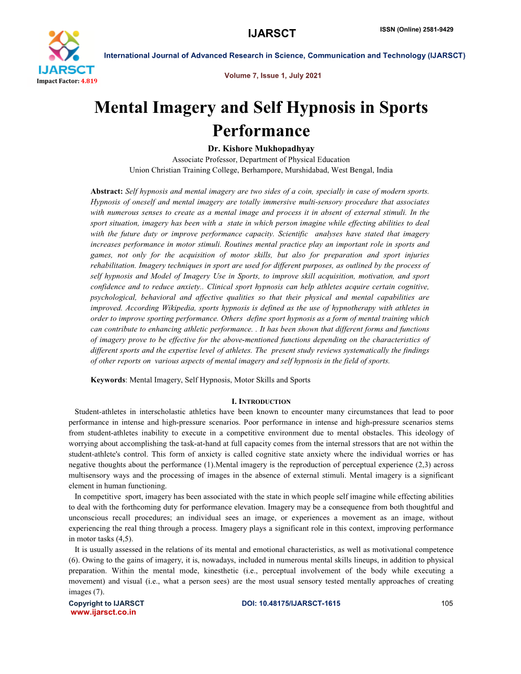 Mental Imagery and Self Hypnosis in Sports Performance Dr
