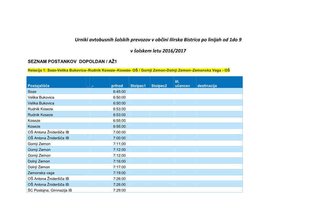 Urniki Avtobusnih Šolskih Prevozov V Občini Ilirska Bistrica Po Linijah Od 1Do 9