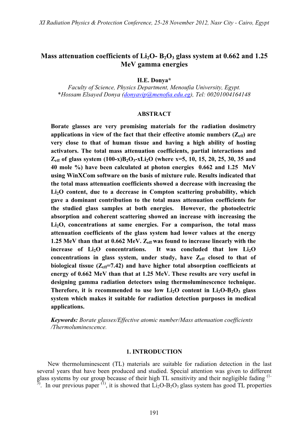 Mass Attenuation Coefficients of Li2o- B2O3 Glass System at 0.662 and 1.25 Mev Gamma Energies