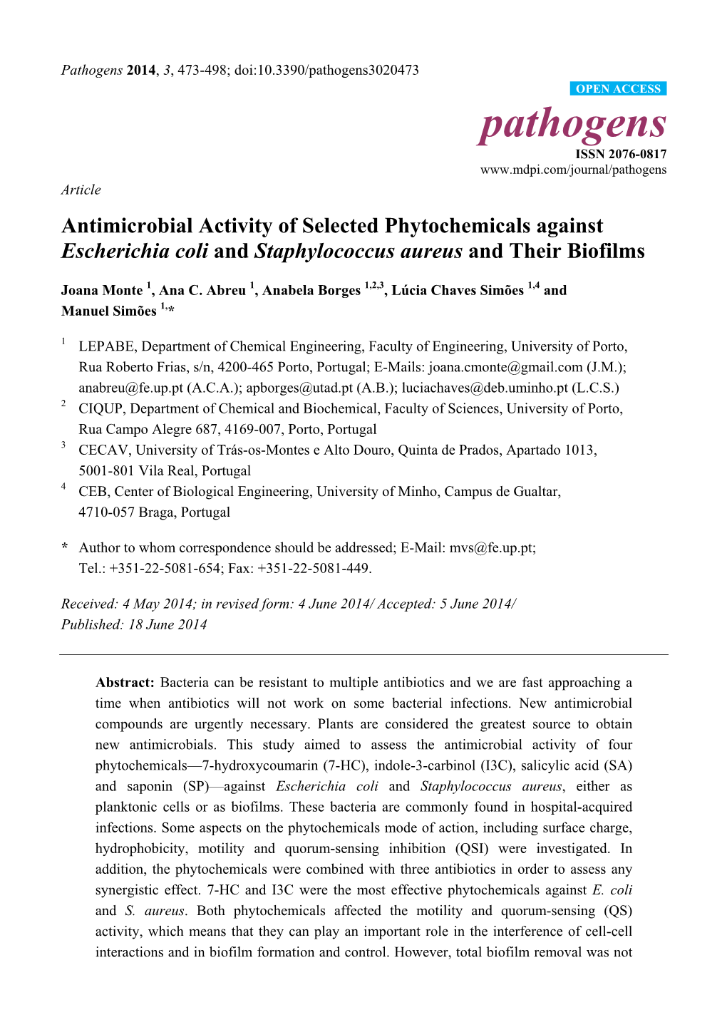 Antimicrobial Activity of Selected Phytochemicals Against Escherichia Coli and Staphylococcus Aureus and Their Biofilms