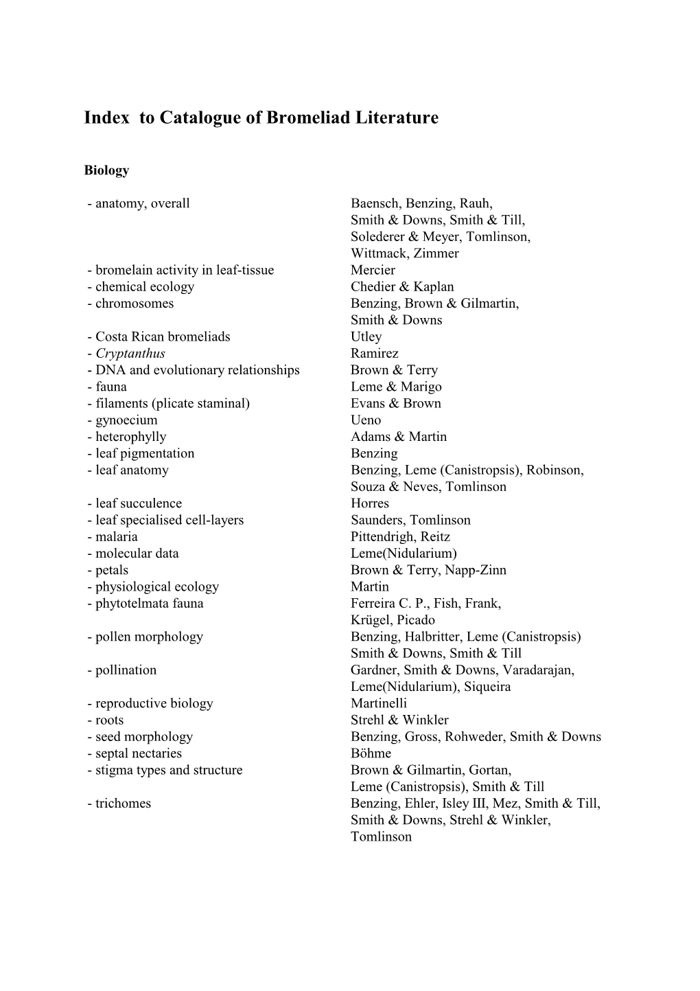 Index to Catalogue of Bromeliad Literature