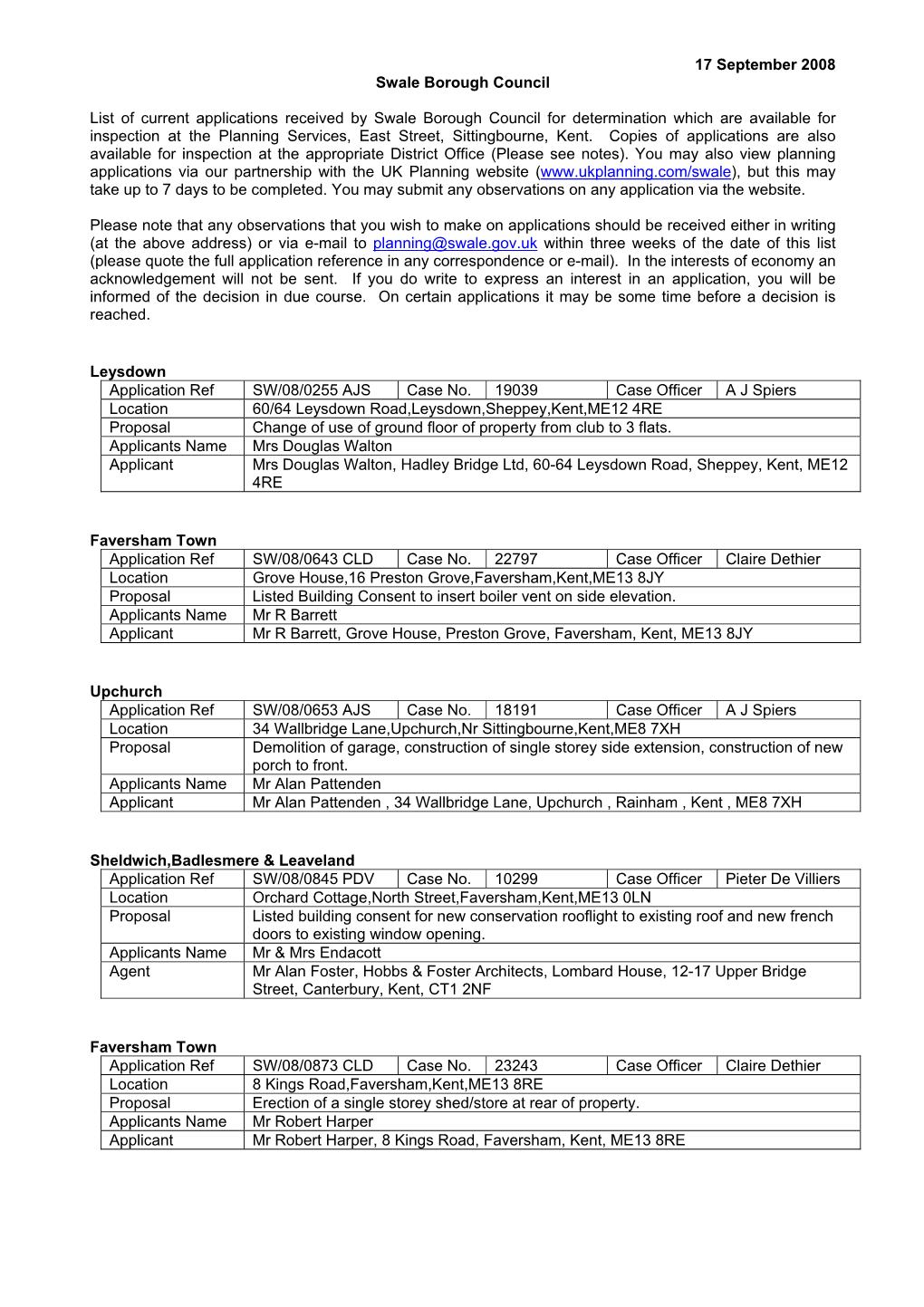 17 September 2008 Swale Borough Council List of Current Applications Received by Swale Borough Council for Determination Which A