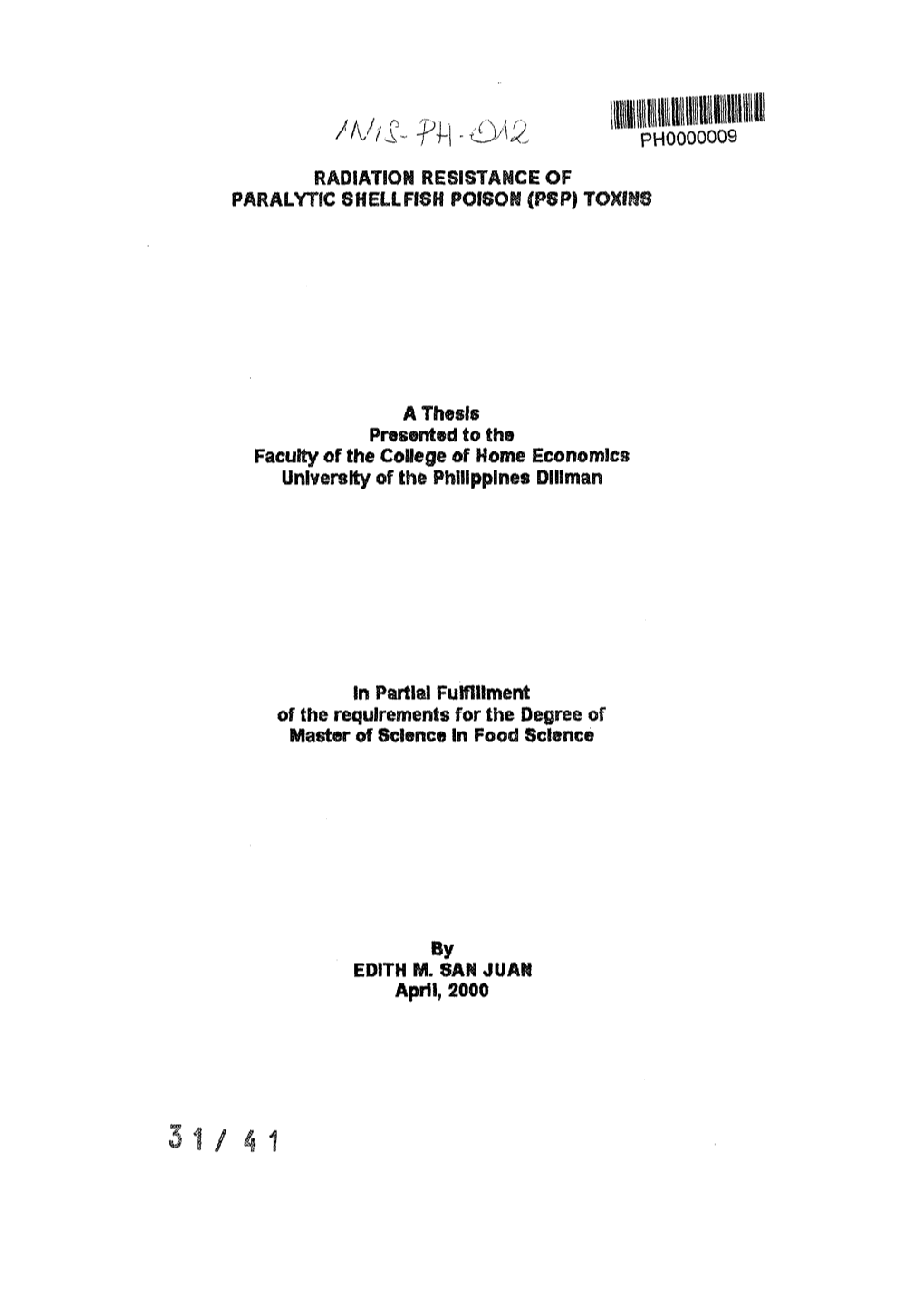 Radiation Resistance of Paralytic Shellfish Poison (PSP) Toxins" Prepared by Edith M