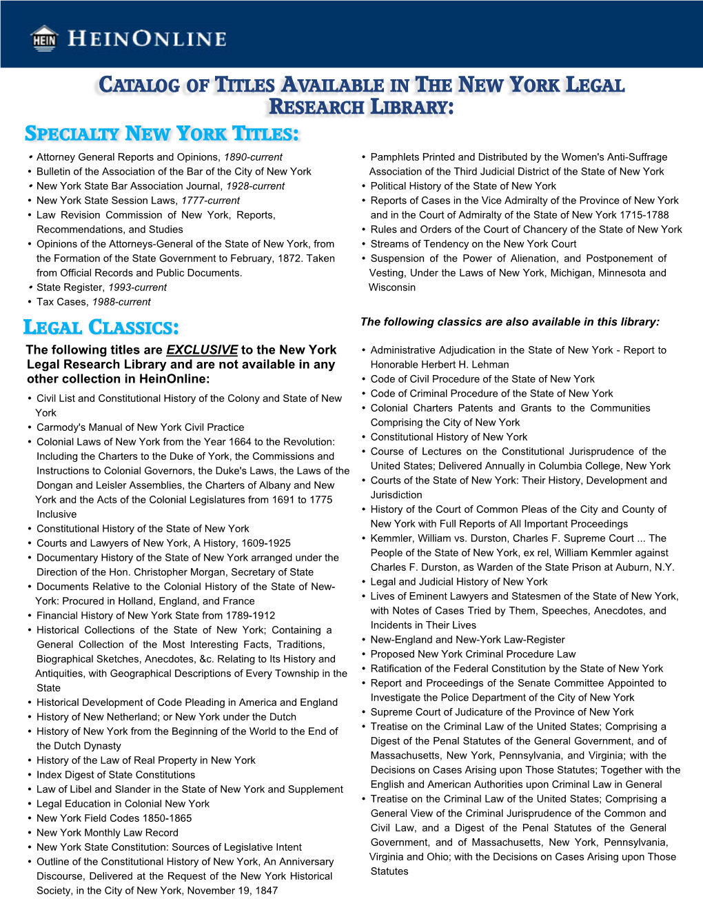 Catalog of Titles Available in the New York